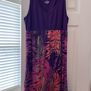 Sonoma Purple Tank Midi Dress with Pink and Coral Leaf Print